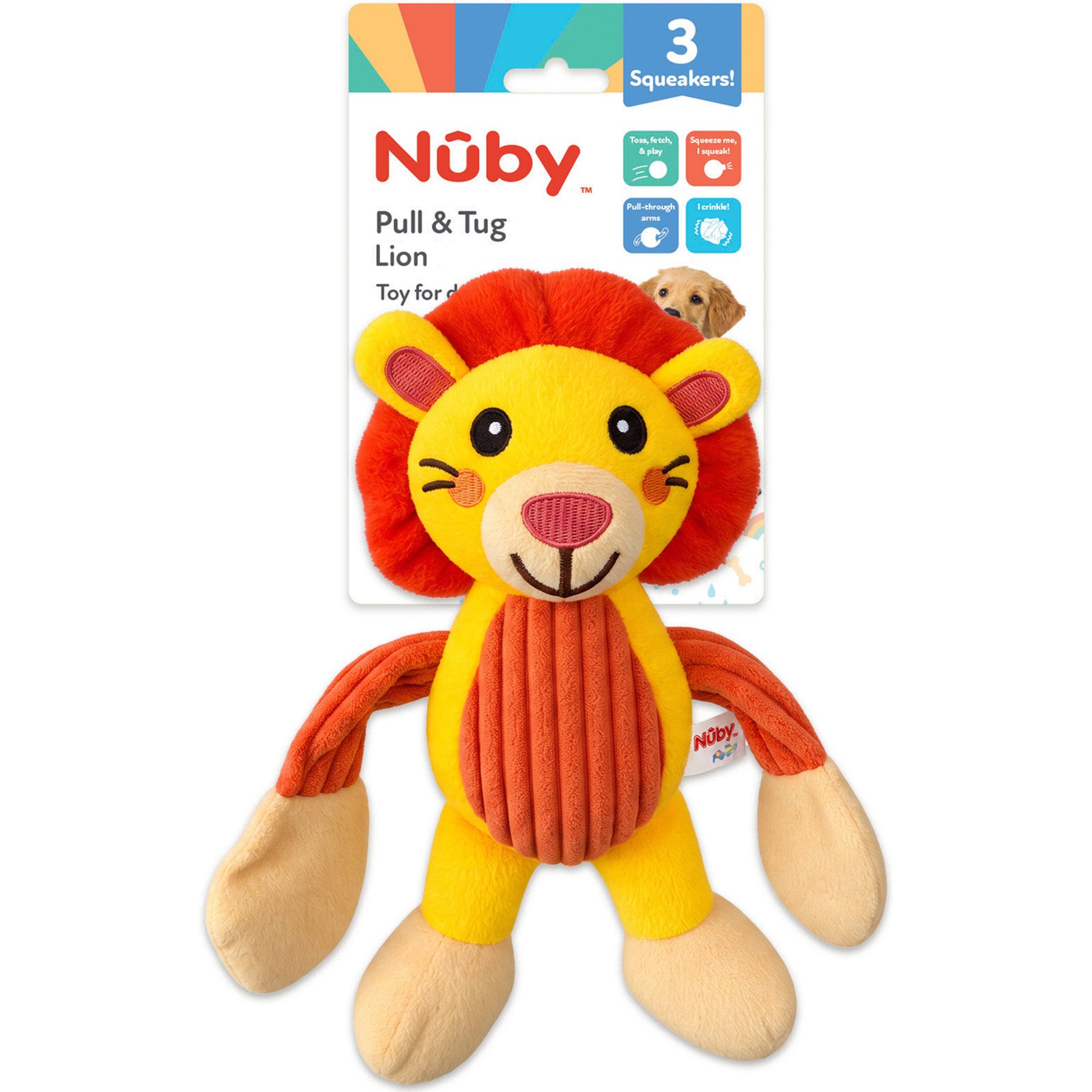 Nuby Tug Lion Interactive Crinkle Stuffing & Pull-Through Arms Squeaky Plush Dog Toy