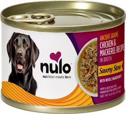Nulo Ancient Grain Savory Stew Puppy & Adult Chicken & Mackerel Wet Dog Food, 6-oz can, 8 count