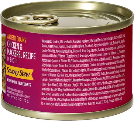 Show full view: Nulo Ancient Grain Savory Stew Puppy & Adult Chicken & Mackerel Wet Dog Food, 6-oz can, 8 count slide 3 of 8