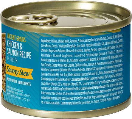Show full view: Nulo Ancient Grain Savory Stew Puppy & Adult Chicken & Salmon Wet Dog Food, 6-oz can, 8 count slide 3 of 9