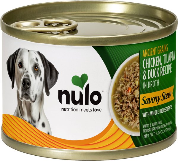 Nulo Ancient Grain Savory Stew Puppy & Adult Chicken, Tilapia, & Duck Wet Dog Food, 6-oz can, 8 count