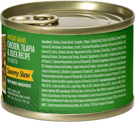 Show full view: Nulo Ancient Grain Savory Stew Puppy & Adult Chicken, Tilapia, & Duck Wet Dog Food, 6-oz can, 8 count slide 3 of 9