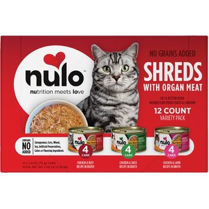 Nulo Chicken, Beef, Lamb & Duck with Organ Meats Variety Pack Real Shreds Wet Cat Food, 2.8-oz can, case of 12