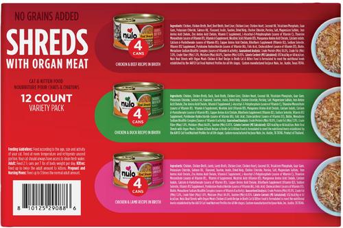 Show full view: Nulo Chicken, Beef, Lamb & Duck with Organ Meats Variety Pack Real Shreds Wet Cat Food, 2.8-oz can, case of 12 slide 3 of 13