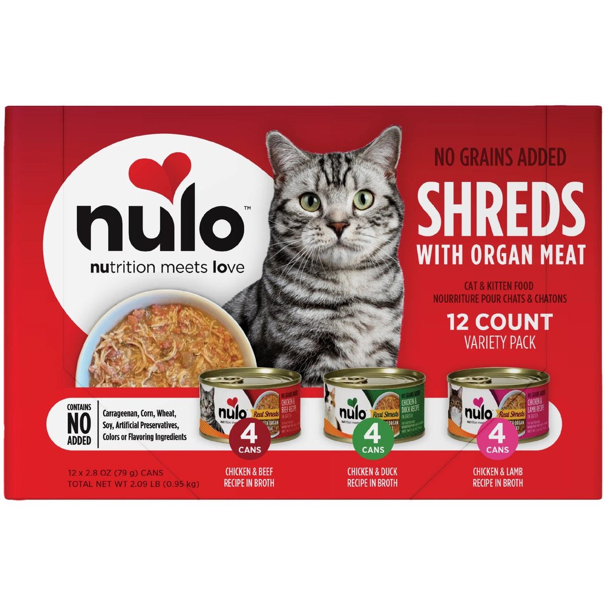 Nulo Chicken, Beef, Lamb & Duck with Organ Meats Variety Pack Real Shreds Wet Cat Food, 2.8-oz can, case of 12