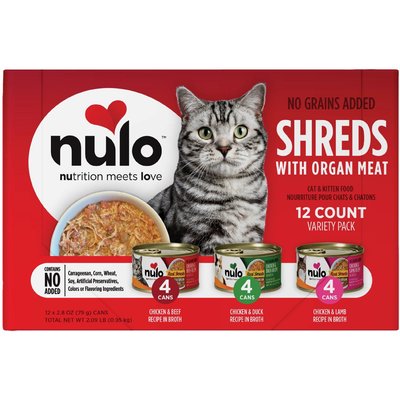 Nulo Nulo Chicken, Beef, Lamb & Duck with Organ Meats Variety Pack Real Shreds Wet Cat Food, 2.8-oz can, case of 12