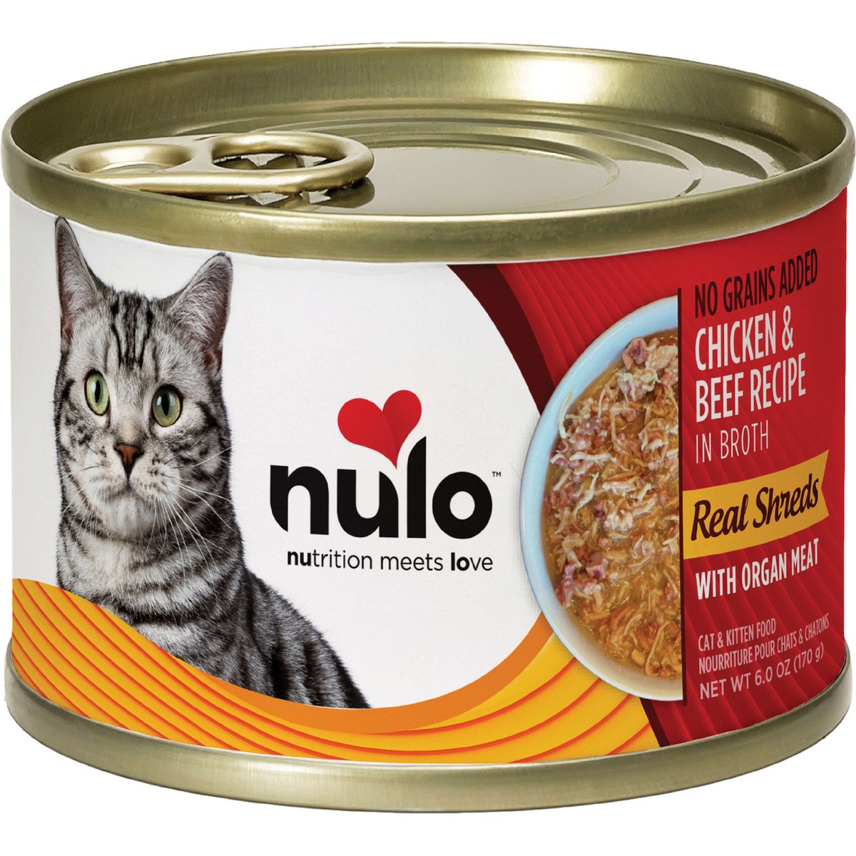 Nulo Chicken & Beef with Organ Meats Shredded Canned Wet Cat Food, 6-oz can, case of 8