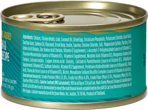 Show full view: Nulo Chicken & Crab Finely Minced Canned Wet Cat Food, 2.8-oz can, case of 12 slide 3 of 9