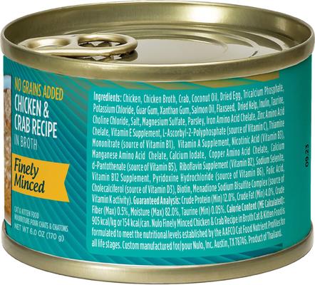 Show full view: Nulo Chicken & Crab Finely Minced Canned Wet Cat Food, 6-oz can, case of 8 slide 3 of 9