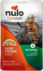 Nulo FreeStyle Chicken & Mackerel in Broth Grain-Free Wet Cat Food Topper Food Compliment, 2.8-oz pouch, case of 24