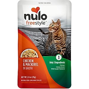 Nulo FreeStyle Chicken & Mackerel in Broth Grain-Free Wet Cat Food Topper Food Compliment, 2.8-oz pouch, case of 24