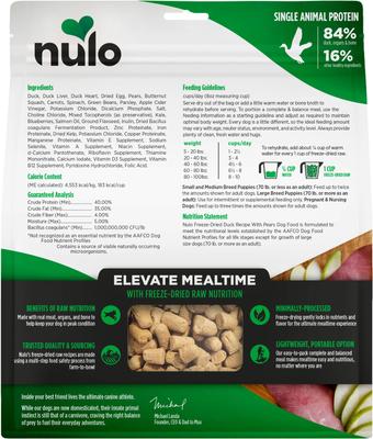 Show full view: Nulo Freestyle Duck Recipe with Pears Grain-Free Freeze-Dried Raw Dog Food, 18-oz bag slide 3 of 10