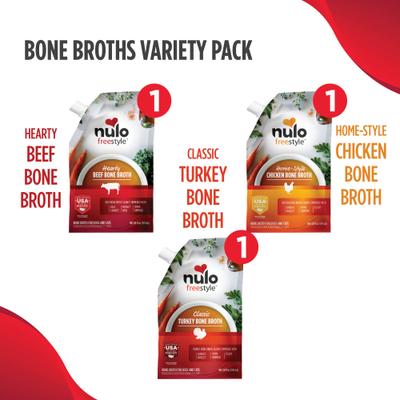 Show full view: Nulo FreeStyle Grain-Free Bone Broth Variety Pack Dog & Cat Topper, 20-oz pouch, case of 3 slide 3 of 12