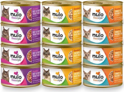 Show full view: Nulo Freestyle Shredded Chicken & Duck, Shredded Beef & Rainbow Trout, Shredded Turkey & Halibut Grain-Free Variety Pack Canned Cat Food, 3-oz can, case of 12 slide 8 of 11