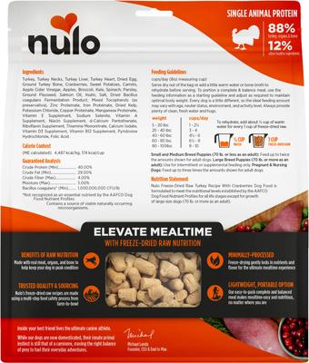 Show full view: Nulo Turkey Recipe with Cranberries Grain-Free Freeze-Dried Raw Dog Food, 18-oz bag slide 3 of 10