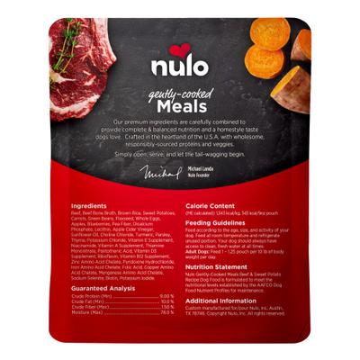 Show full view: Nulo Gently-Cooked Meals Beef & Sweet Potato Recipe Wet Dog Food, 9-oz pouch, bundle of 16  slide 4 of 10