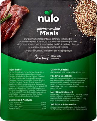 Show full view: Nulo Gently-Cooked Meals Duck & Quinoa Recipe Wet Dog Food, 9-oz pouch, bundle of 16  slide 4 of 10