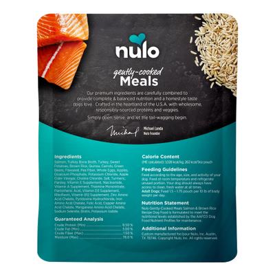 Show full view: Nulo Gently-Cooked Meals Salmon & Brown Rice Recipe Wet Dog Food, 9-oz pouch, bundle of 16  slide 4 of 10