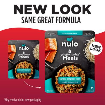 Show full view: Nulo Gently-Cooked Meals Salmon & Brown Rice Recipe Wet Dog Food, 9-oz pouch, bundle of 16  slide 3 of 10