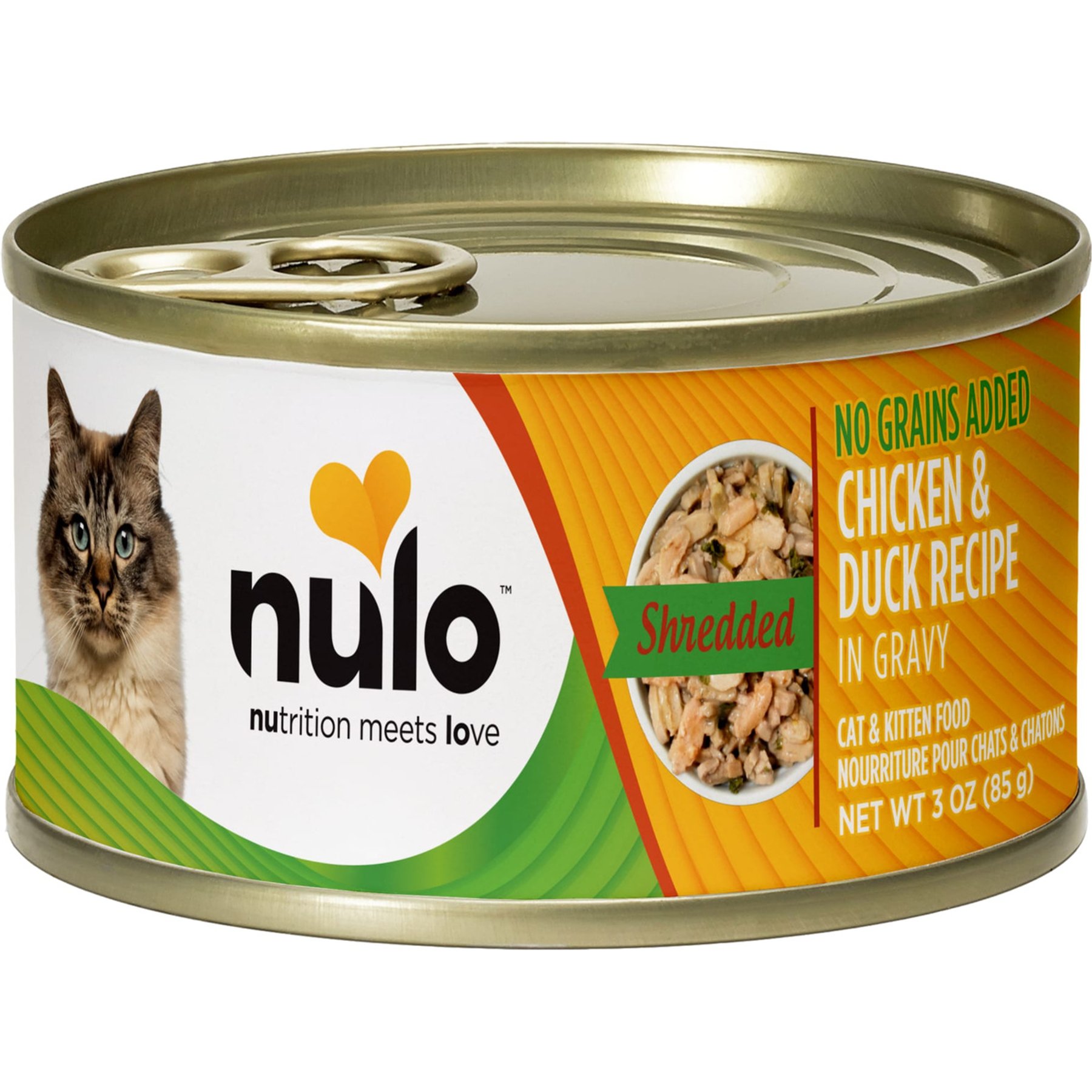 Nulo Shredded Chicken & Duck in Gravy Grain-Free Canned Cat Food, 3-oz can, case of 4