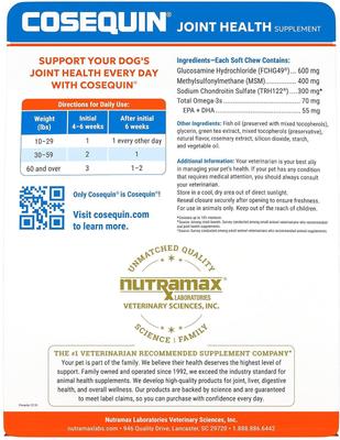 Show full view: Nutramax Cosequin (DS) Plus MSM Soft Chews Joint Health Dog Supplement, 120 count & Nutramax Cosequin Maximum Strength with MSM Plus Omega-3's Mini Soft Chews Joint Health Small Dog Supplement, 45 count slide 3 of 9