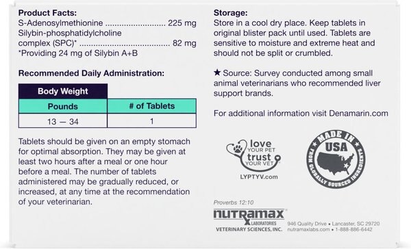Nutramax Denamarin with S-Adenosylmethionine & Silybin Tablets Liver Supplement for Medium Dogs