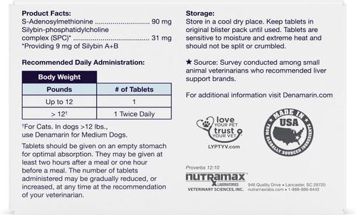 Show full view: Nutramax Denamarin with S-Adenosylmethionine & Silybin Tablets Liver Supplement for Small Dogs & Cats, 60 count blister pack slide 3 of 6