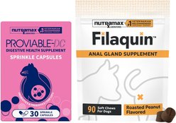 Nutramax Digestive Health Bundle: Proviable Probiotics & Prebiotics Supplement for Dogs & Cats, 30 count + Filaquin Anal Gland Peanut Butter Flavored Soft Chew Supplement for Dogs, 90 count