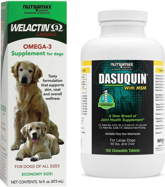 Show full view: Nutramax Welactin Canine Omega-3 Liquid + Dasuquin with MSM Joint Health Chewable Tablets Large Dog Supplement slide 1 of 8