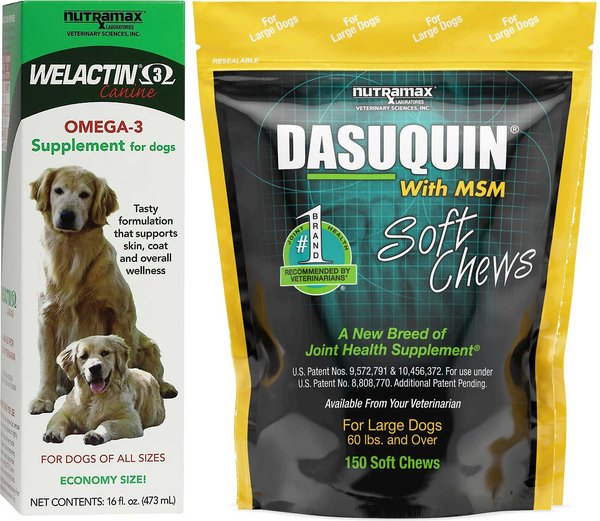 Show full view: Nutramax Welactin Canine Omega-3 Liquid + Dasuquin with MSM Soft Chews Joint Health Large Dog Supplement slide 1 of 7