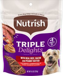 Nutrish Triple Delights with Real Beef, Bacon, & Peanut Butter Jerky Dog Treats, 4.5-oz pouch, Pack of 5 (Rachael Ray)
