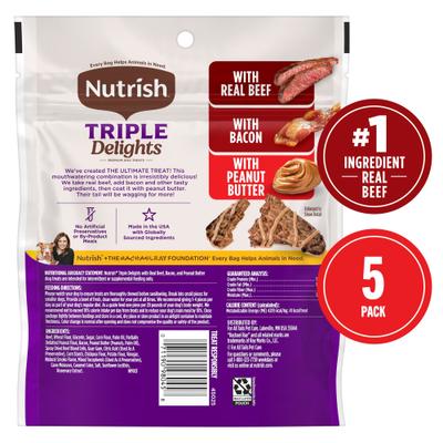 Show full view: Nutrish Triple Delights with Real Beef, Bacon, & Peanut Butter Jerky Dog Treats, 4.5-oz pouch, Pack of 5 (Rachael Ray) slide 3 of 12