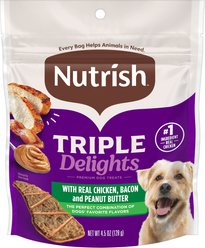 Nutrish Triple Delights with Real Chicken, Bacon, & Peanut Butter Jerky Dog Treats, 4.5-oz pouch, Pack of 5 (Rachael Ray)