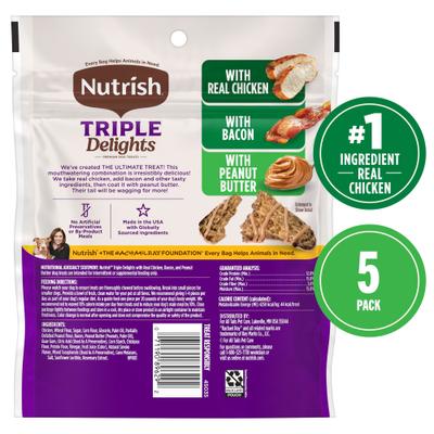 Show full view: Nutrish Triple Delights with Real Chicken, Bacon, & Peanut Butter Jerky Dog Treats, 4.5-oz pouch, Pack of 5 (Rachael Ray) slide 3 of 12