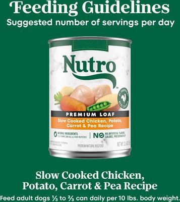 Show full view: Nutro Grain-Free Premium Loaf Slow Cooked Chicken, Potato, Carrot & Pea Recipe Canned Wet Dog Food, 12.5-oz can, case of 12 slide 9 of 11