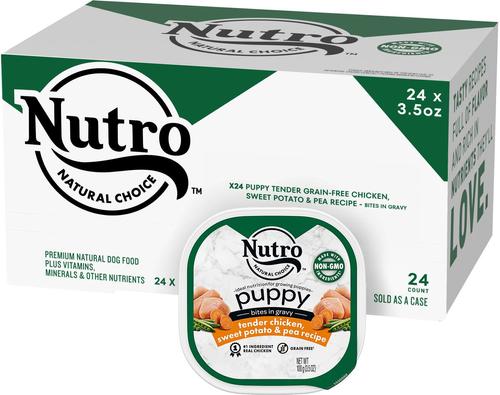Show full view: Nutro Puppy Tender Grain-Free Chicken, Sweet Potato & Pea Recipe Bites in Gravy Wet Dog Food Trays, 3.5-oz, case of 24 slide 4 of 11