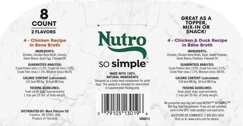 Show full view: Nutro So Simple Meal Complement Chicken & Duck Recipe in Bone Broth Variety Pack Grain-Free Adult Wet Dog Food Topper, 2-oz tray, case of 16 slide 4 of 10