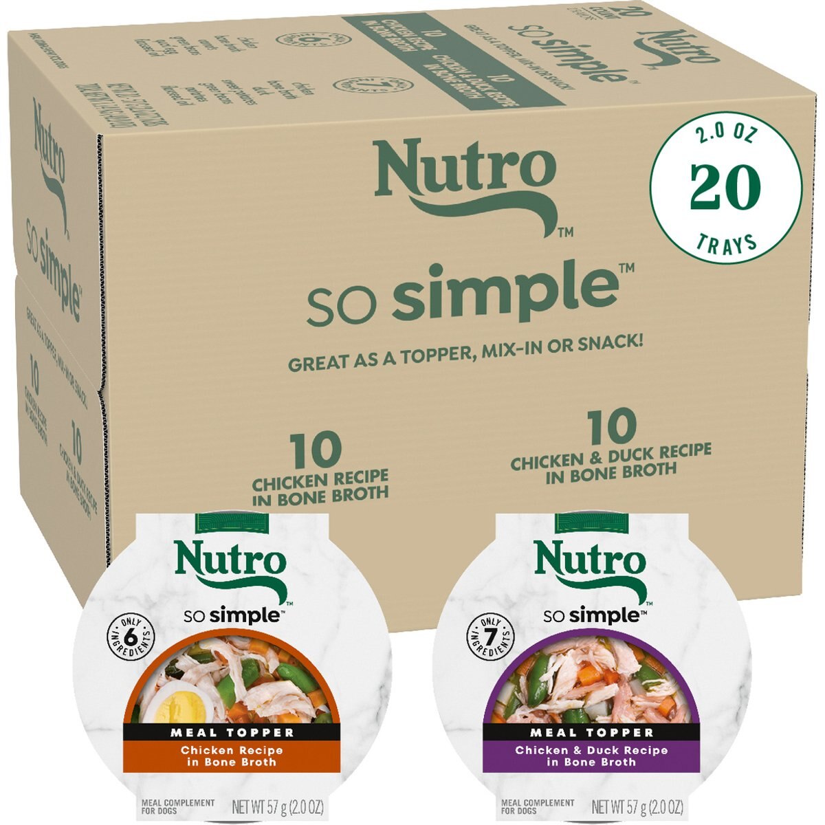 Nutro So Simple Meal Complement Chicken & Duck Recipe in Bone Broth Variety Pack Grain-Free Adult Wet Dog Food Topper, 2-oz tray, case of 20