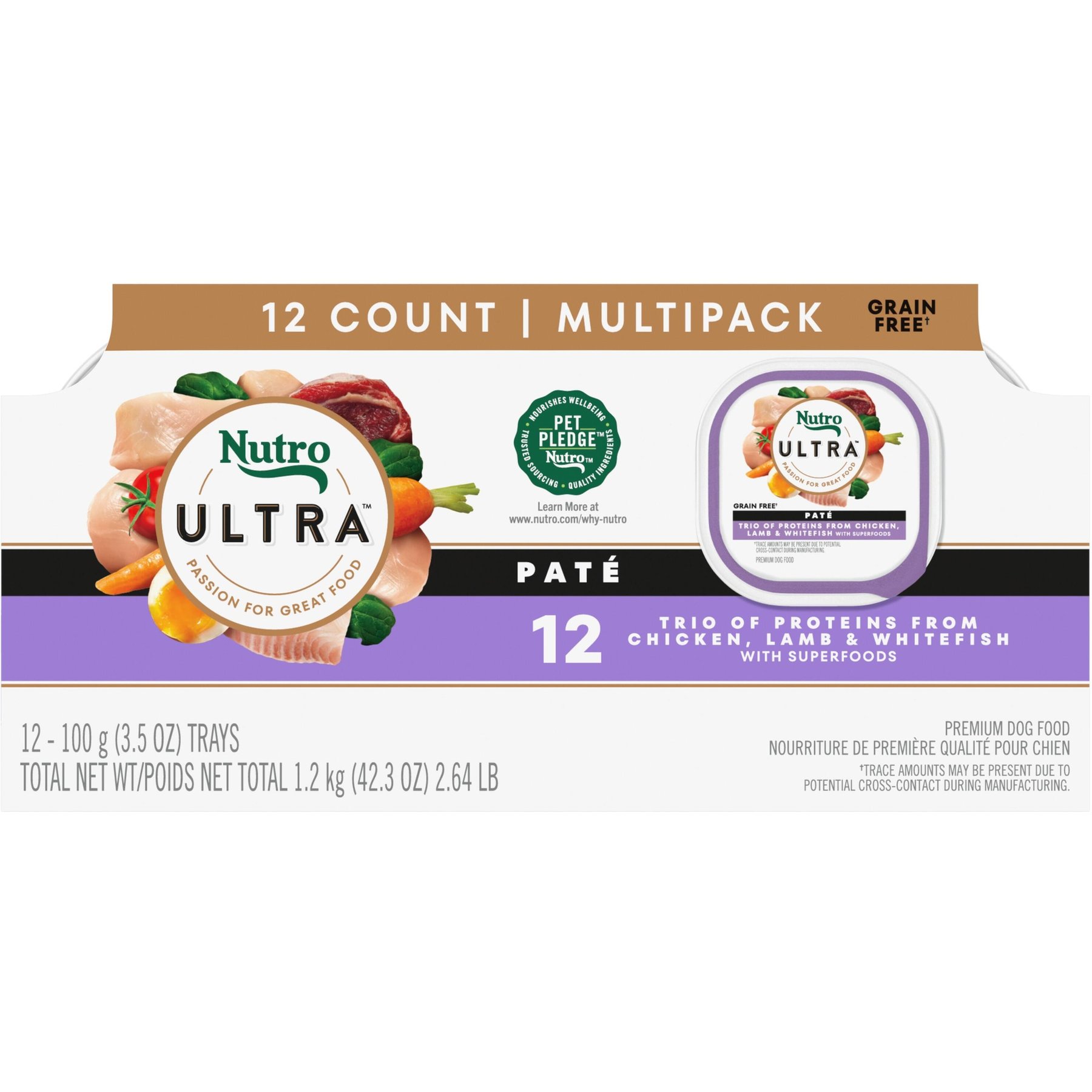 Nutro Ultra Grain-Free Trio Protein Chicken, Lamb & Whitefish Pate with Superfoods Adult Wet Dog Food Trays, 3.5-oz, case of 12