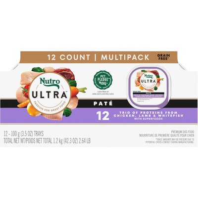 Nutro Nutro Ultra Grain-Free Trio Protein Chicken, Lamb & Whitefish Pate with Superfoods Adult Wet Dog Food Trays, 3.5-oz, case of 12