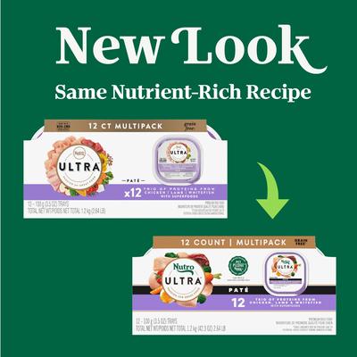 Show full view: Nutro Ultra Grain-Free Trio Protein Chicken, Lamb & Whitefish Pate with Superfoods Adult Wet Dog Food Trays, 3.5-oz, case of 12 slide 3 of 11