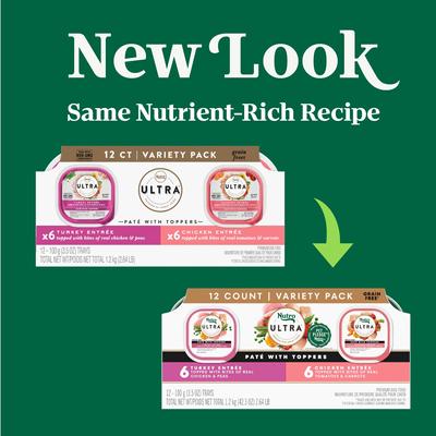 Show full view: Nutro Ultra Variety Pack Adult Grain-Free Turkey Entree & Chicken Entree Pate with Toppers Wet Dog Food, 3.5-oz tray, case of 12 slide 3 of 11