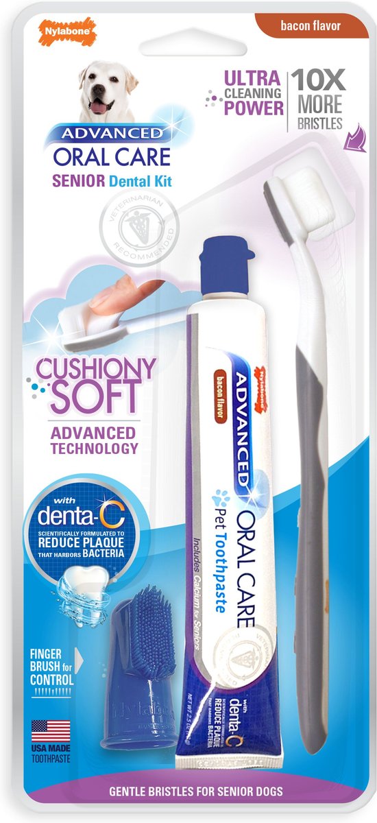 Nylabone Advanced Oral Care Bacon Flavor Toothpaste, 2.5-oz tube + Soft-Bristle Toothbrush for Senior Dogs, 3-pack