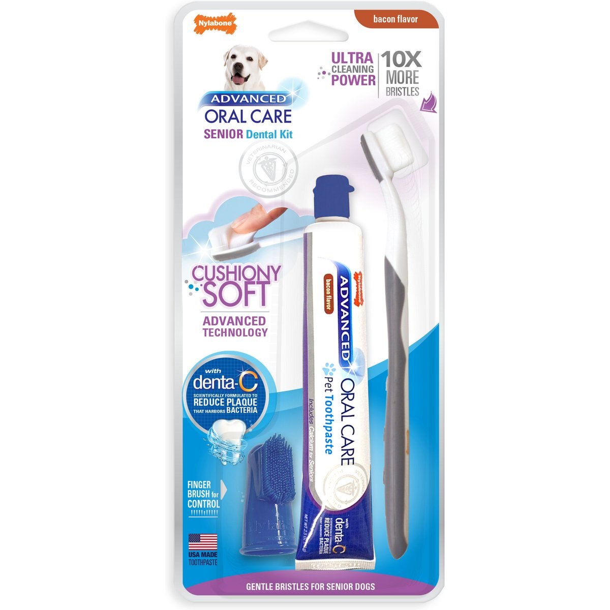 Nylabone Advanced Oral Care Bacon Flavor Toothpaste, 2.5-oz tube + Soft-Bristle Toothbrush for Senior Dogs, 3-pack