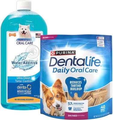 Show full view: Nylabone Advanced Oral Care Liquid Tartar Remover, 32-oz bottle + DentaLife Daily Oral Care Small/Medium Dental Dog Treats, 40 count slide 1 of 9