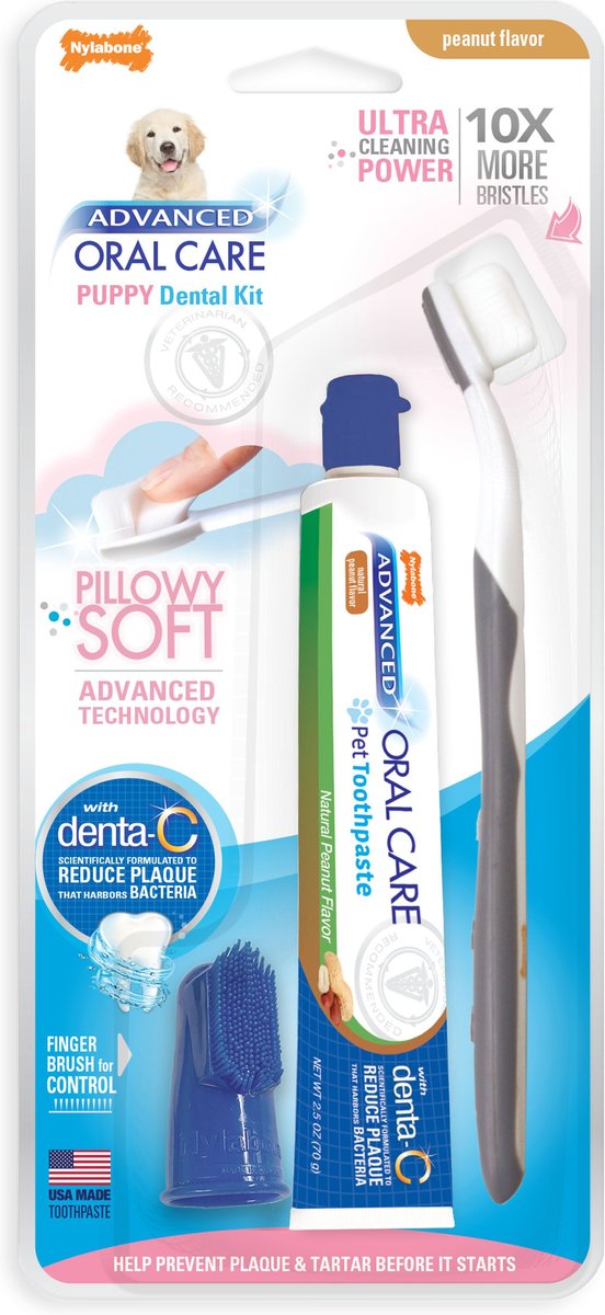 Nylabone Advanced Oral Care Peanut Butter Flavor Toothpaste, 2.5-oz tube + Soft-Bristle Toothbrush for Puppies, 3-pack