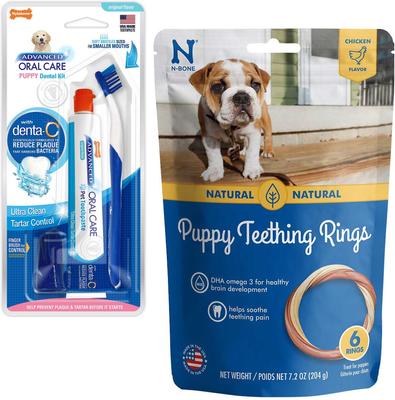 Show full view: Nylabone Advanced Oral Care Puppy Dental Kit + N-Bone Teething Ring Chicken Flavor Dog Treats slide 1 of 9