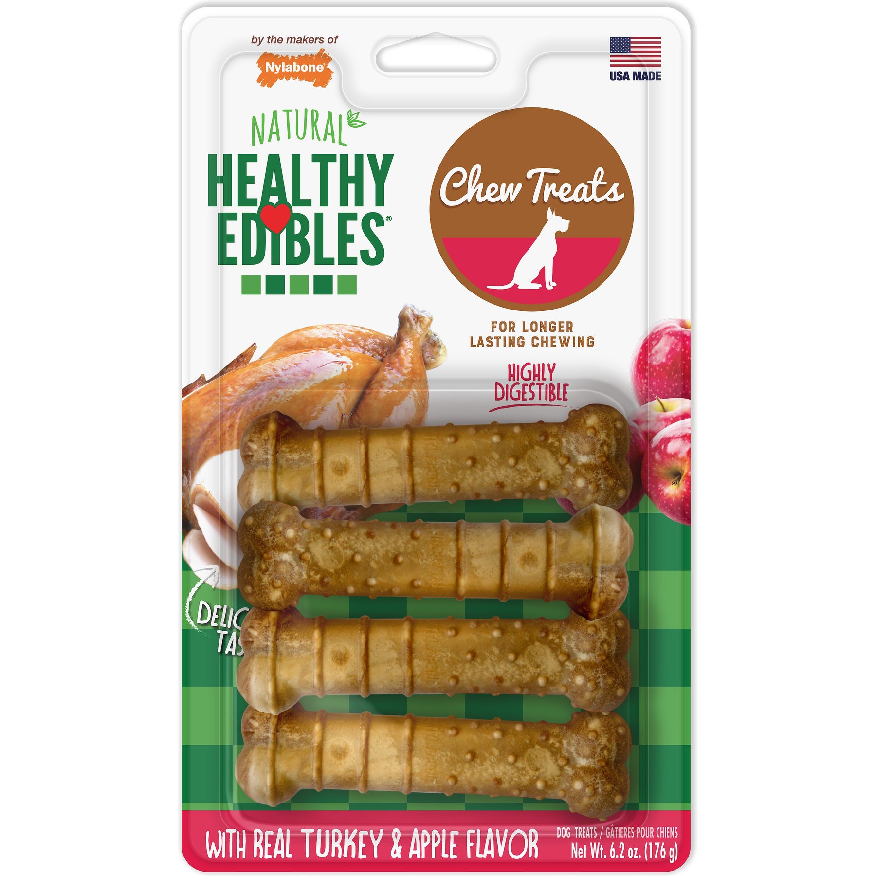 Nylabone Natural Healthy Edibles Turkey & Apple Small Dog Treats, 4 ct