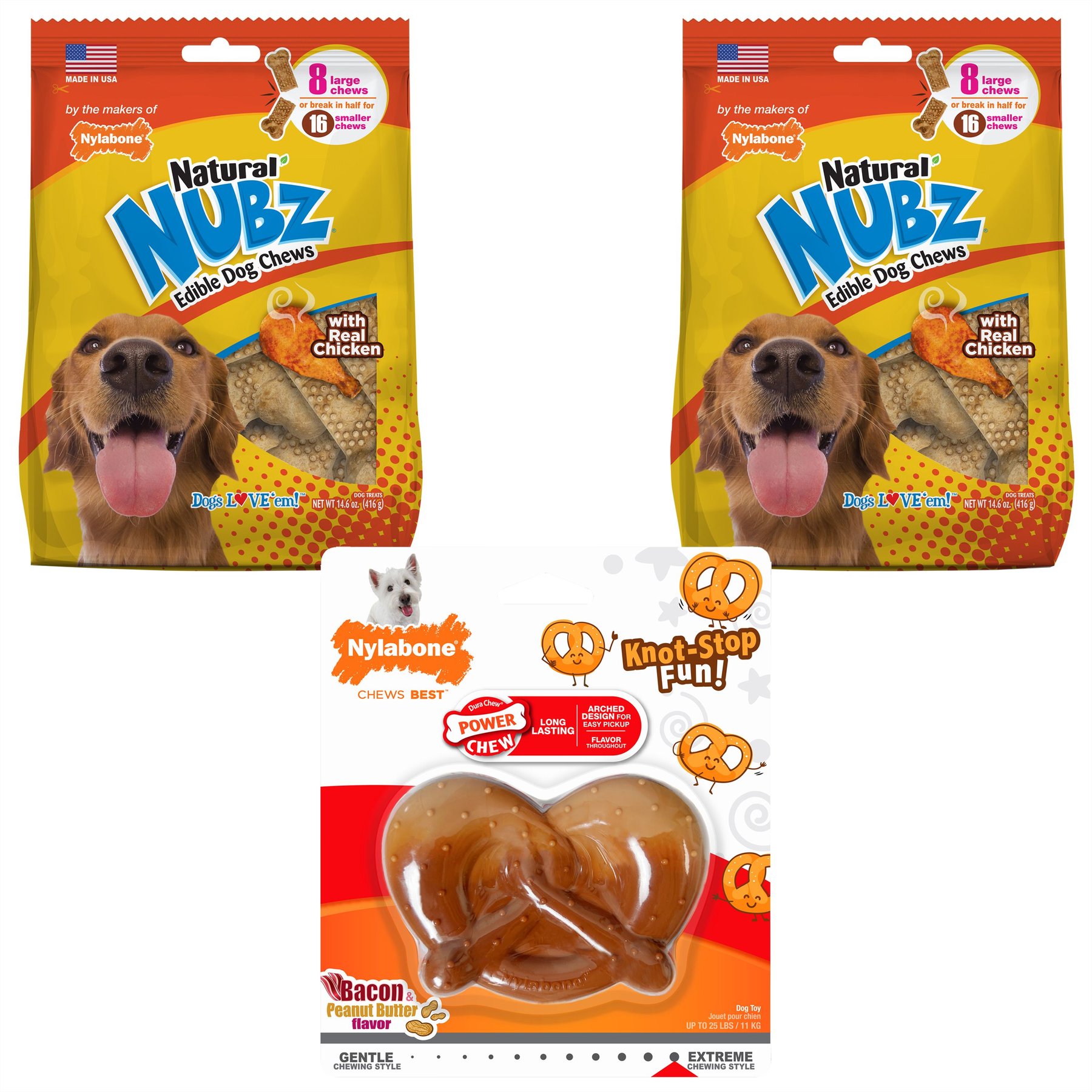 Nylabone Nubz Large Chicken Treats, 16 count + Power Chew Pretzel Chew Toy