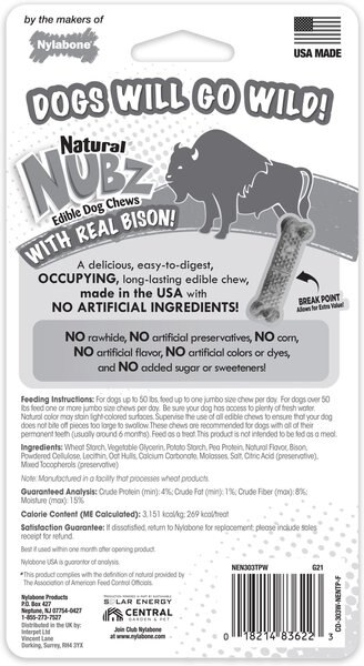 Nylabone Nubz WILD Natural Long Lasting Edible Bison Flavor Jumbo Dog Chew Treat, 2 count